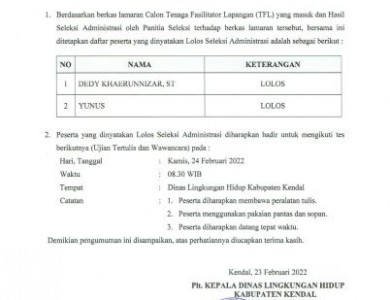 PENGUMUMAN HASIL SELEKSI ADMINISTRASI CALON TENAGA FASILITATOR LAPANGAN (TFL)